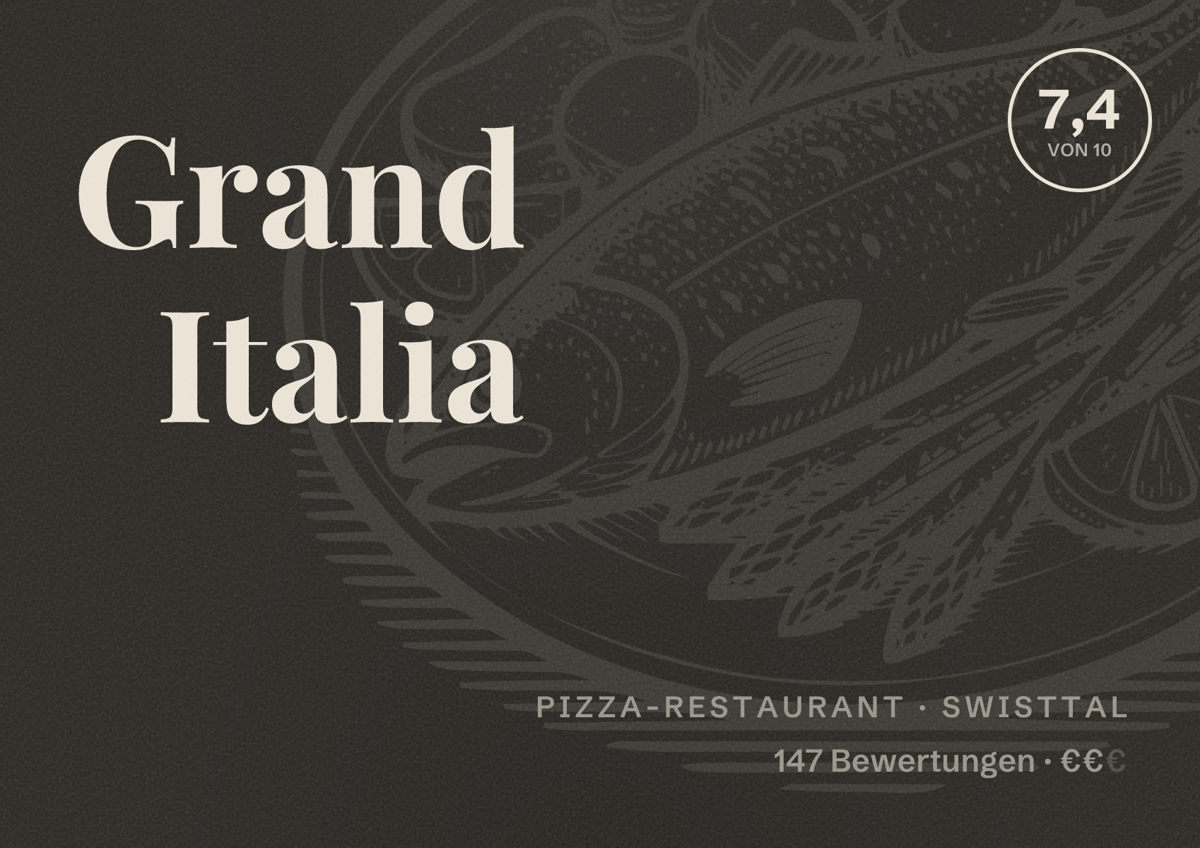 Illustriertes Poster von Grand Italia, Pizza-Restaurant in Swisttal: Bewertung 7,4 von 10 aus 147 Bewertungen, Preisniveau €€