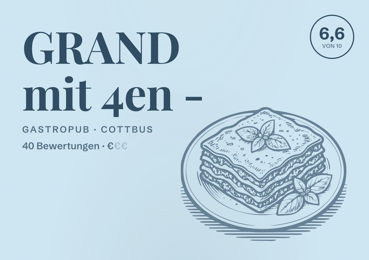 Illustriertes Poster von GRAND mit 4en -, Gastropub in Cottbus: Bewertung 6,6 von 10 aus 40 Bewertungen, Preisniveau €