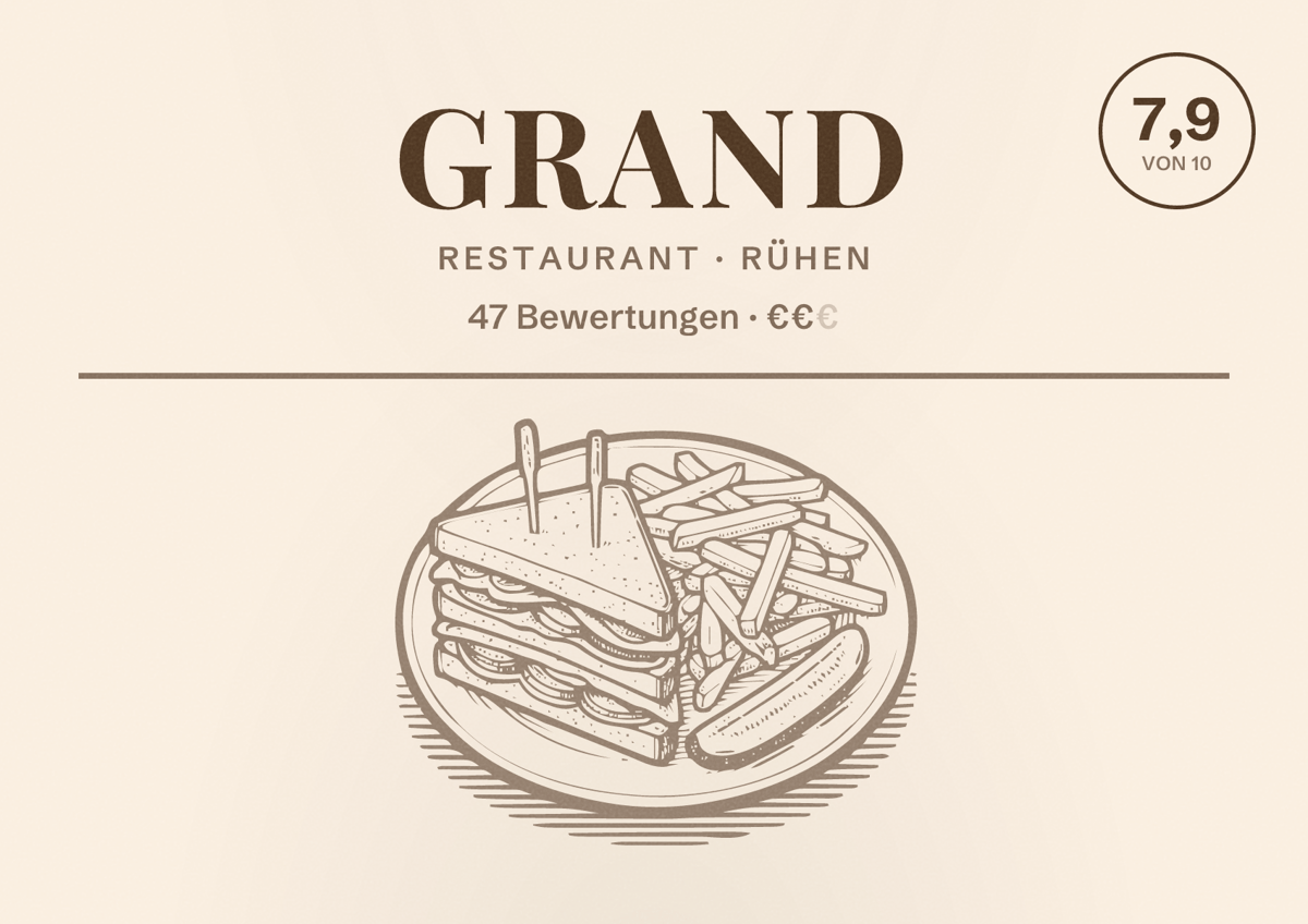 Illustriertes Poster von Grand, Restaurant in Rühen: Bewertung 7,9 von 10 aus 47 Bewertungen, Preisniveau €€