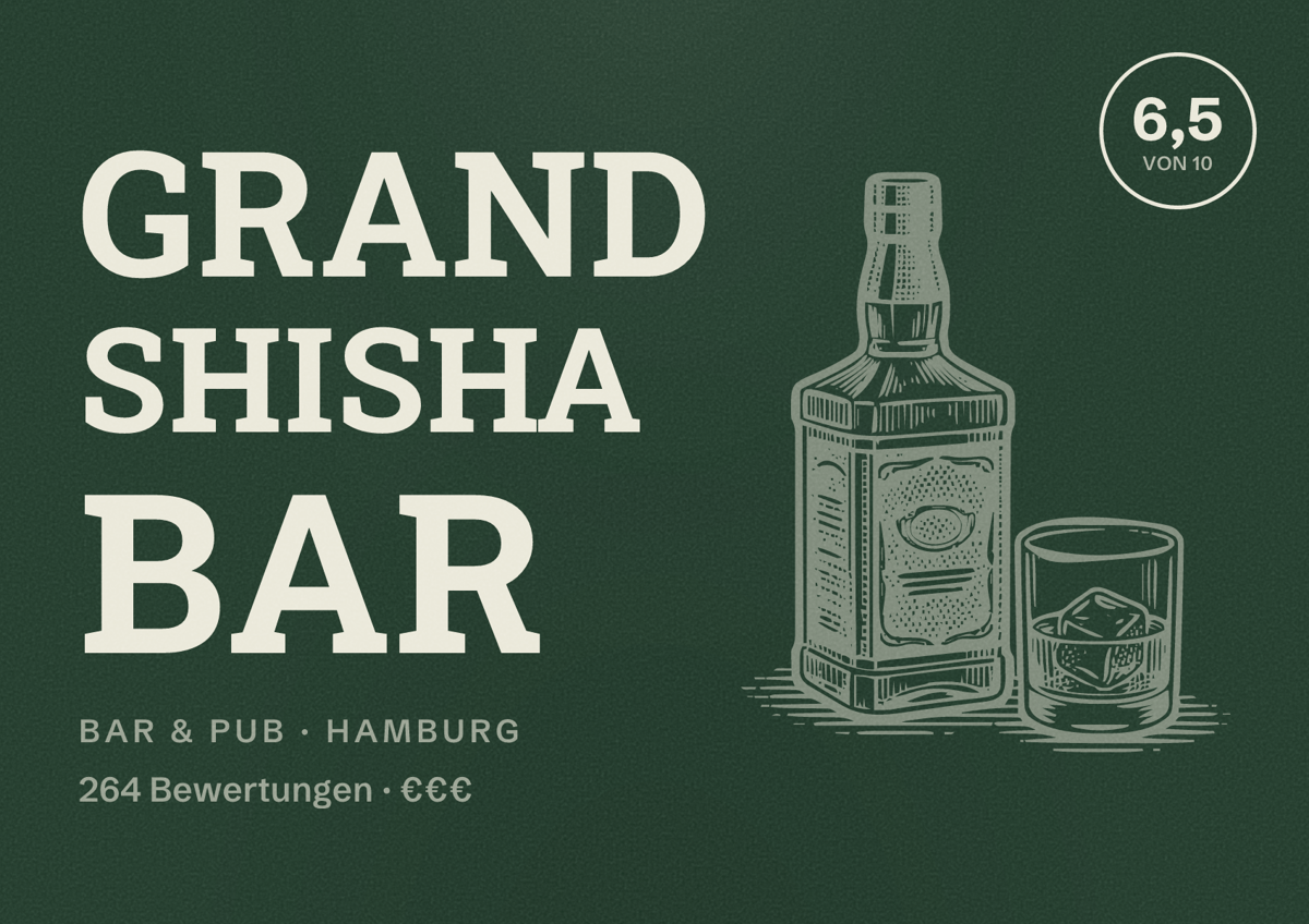 Illustriertes Poster von Grand Shisha Bar, Bar & Pub in Hamburg: Bewertung 6,5 von 10 aus 264 Bewertungen, Preisniveau €€€