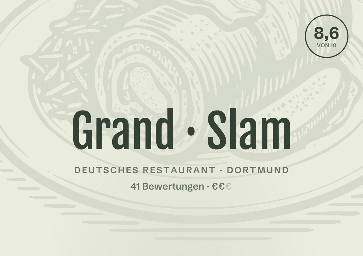Illustriertes Poster von Grand Slam, Deutsches Restaurant in Dortmund: Bewertung 8,6 von 10 aus 41 Bewertungen, Preisniveau €€