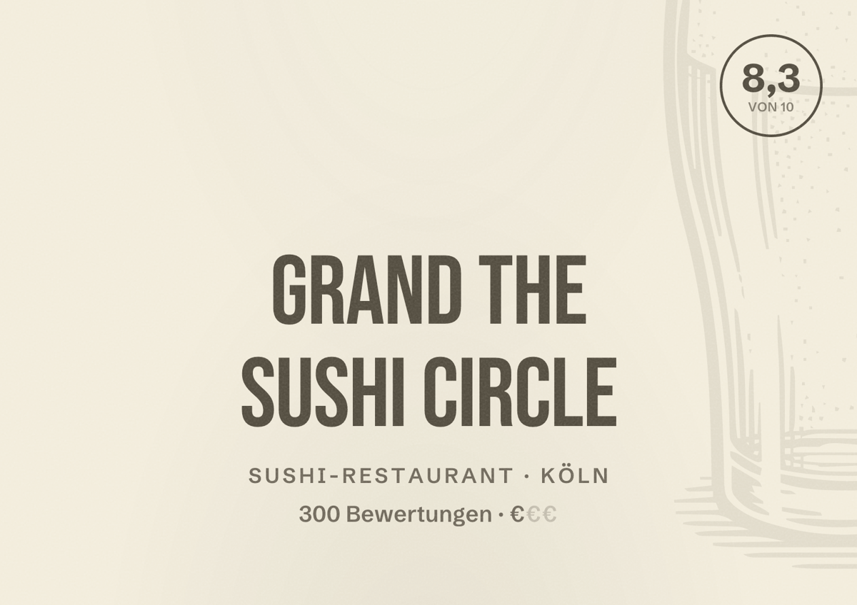 Illustriertes Poster von Grand The Sushi Circle, Sushi-Restaurant in Köln: Bewertung 8,3 von 10 aus 300 Bewertungen, Preisniveau €