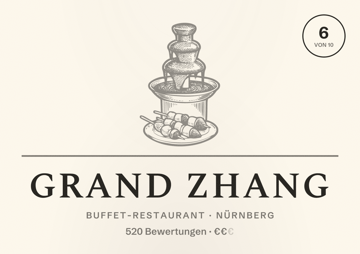Illustriertes Poster von Grand Zhang, Buffet-Restaurant in Nürnberg: Bewertung 6,0 von 10 aus 520 Bewertungen, Preisniveau €€