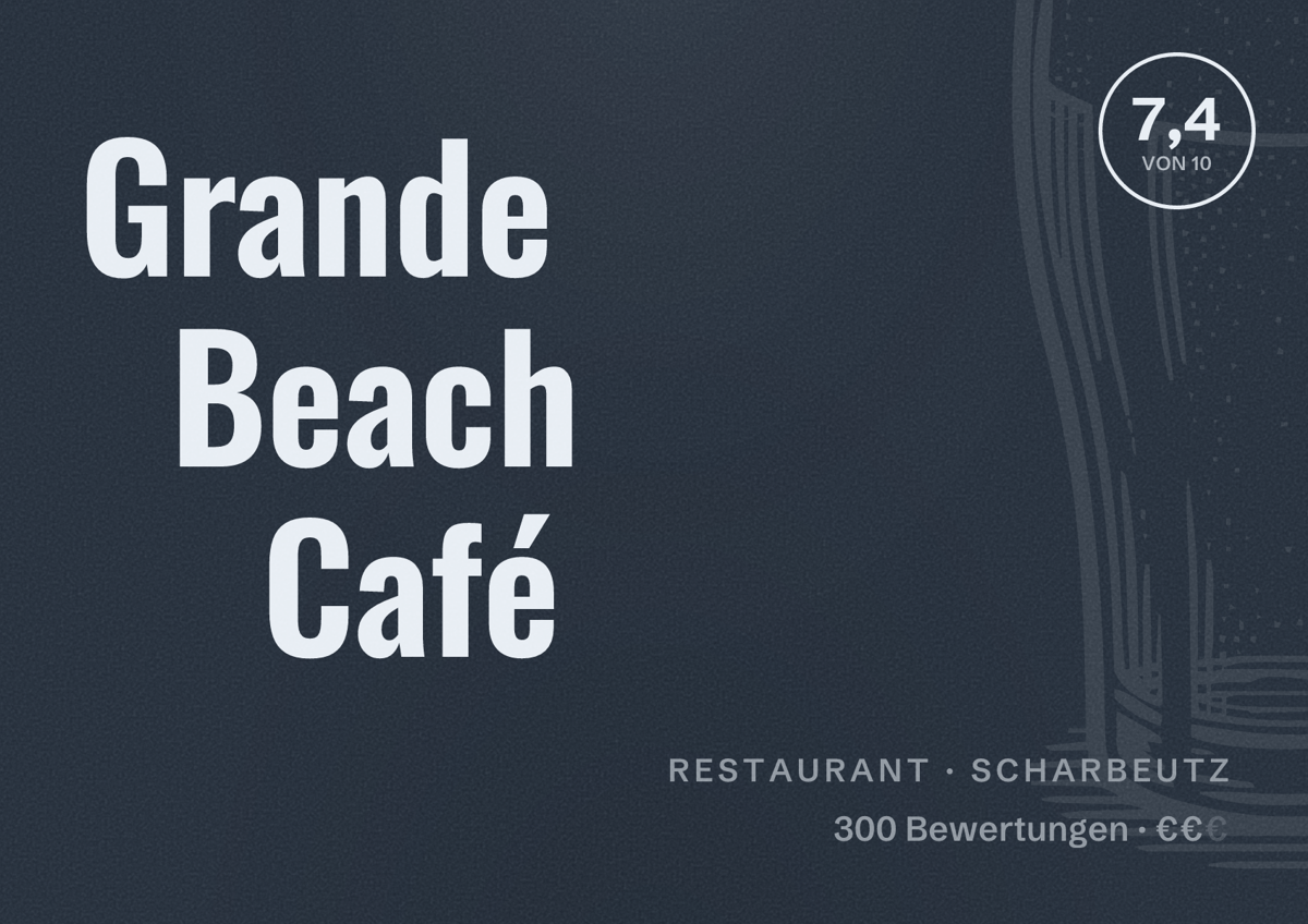 Illustriertes Poster von Grande Beach Café, Restaurant in Scharbeutz: Bewertung 7,4 von 10 aus 300 Bewertungen, Preisniveau €€