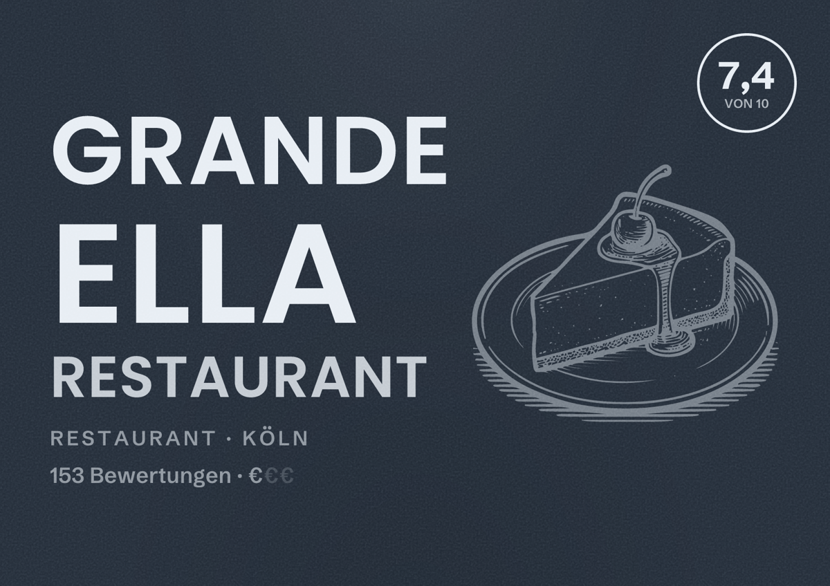 Illustriertes Poster von Grande Ella Restaurant, Restaurant in Köln: Bewertung 7,4 von 10 aus 153 Bewertungen, Preisniveau €