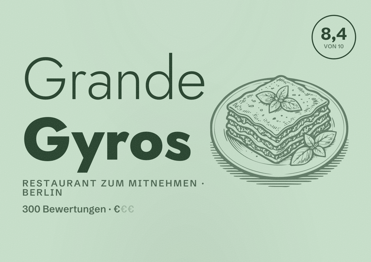 Illustriertes Poster von Grande Gyros, Restaurant zum Mitnehmen in Berlin: Bewertung 8,4 von 10 aus 300 Bewertungen, Preisniveau €