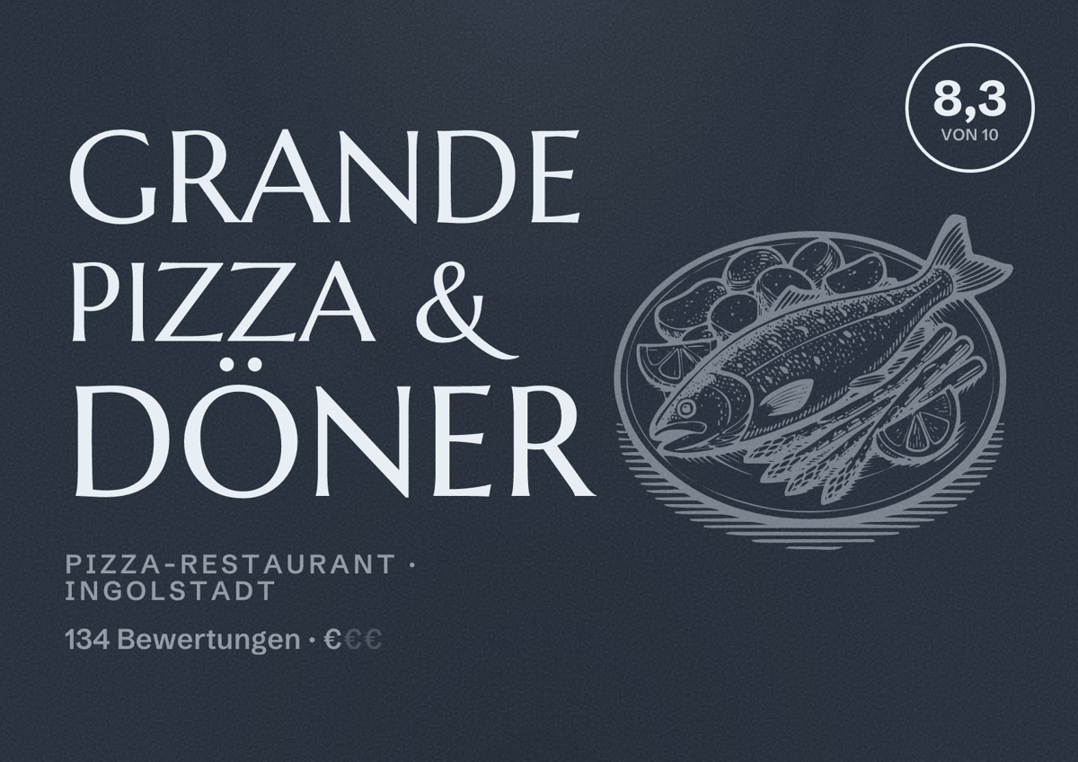 Illustriertes Poster von Grande Pizza & Döner, Pizza-Restaurant in Ingolstadt: Bewertung 8,3 von 10 aus 134 Bewertungen, Preisniveau €