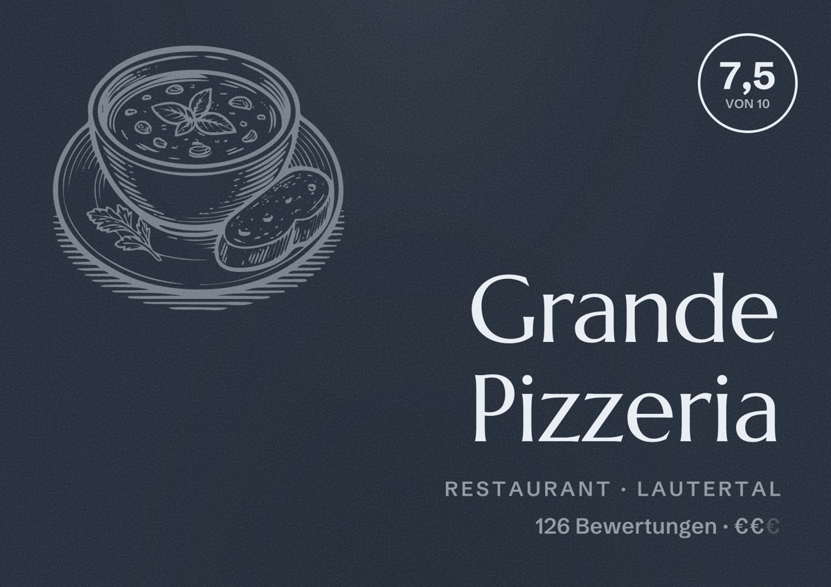 Illustriertes Poster von Grande Pizzeria, Restaurant in Lautertal: Bewertung 7,5 von 10 aus 126 Bewertungen, Preisniveau €€