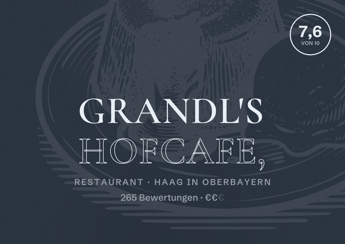 Illustriertes Poster von Grandl's Hofcafe,, Restaurant in Haag in Oberbayern: Bewertung 7,6 von 10 aus 265 Bewertungen, Preisniveau €€
