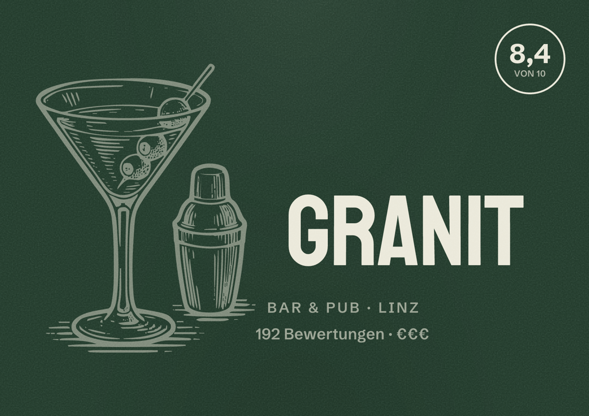 Illustriertes Poster von Granit, Bar & Pub in Linz: Bewertung 8,4 von 10 aus 192 Bewertungen, Preisniveau €€€
