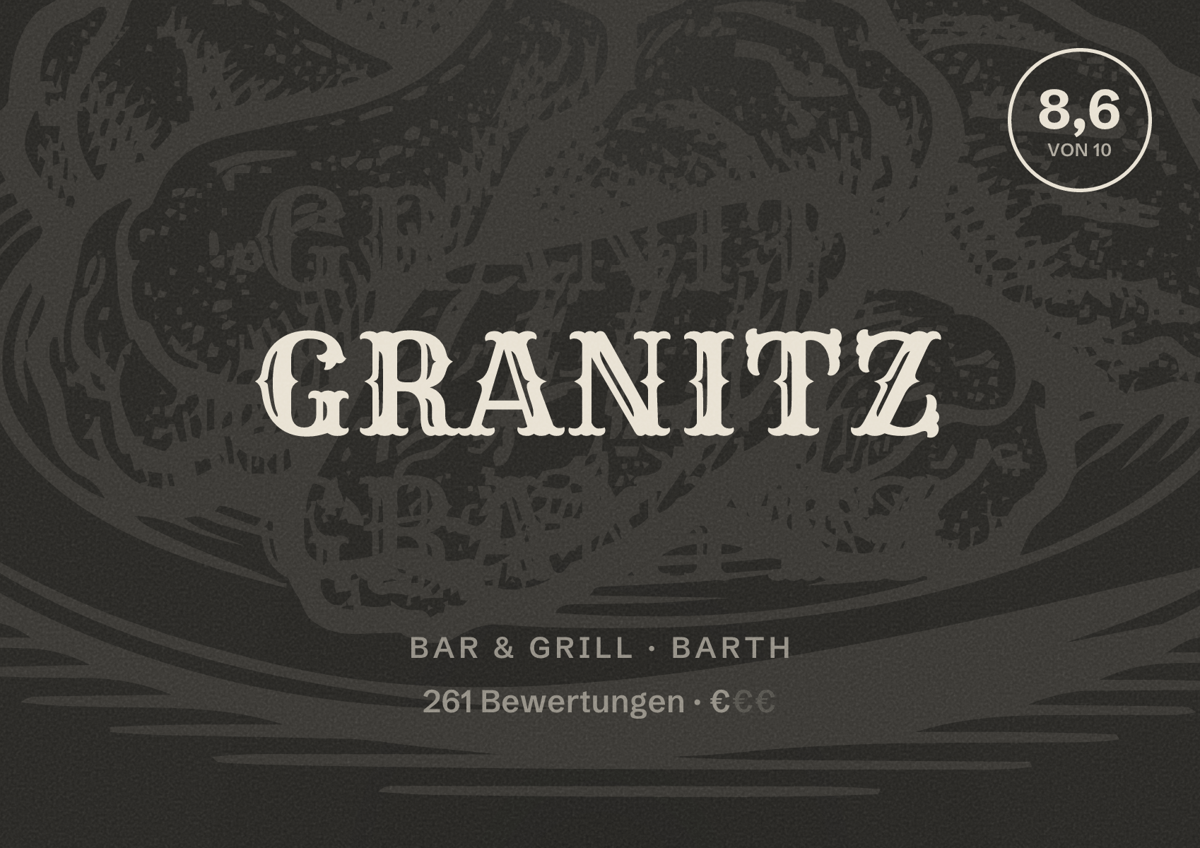 Illustriertes Poster von Granitz, Bar & Grill in Barth: Bewertung 8,6 von 10 aus 261 Bewertungen, Preisniveau €