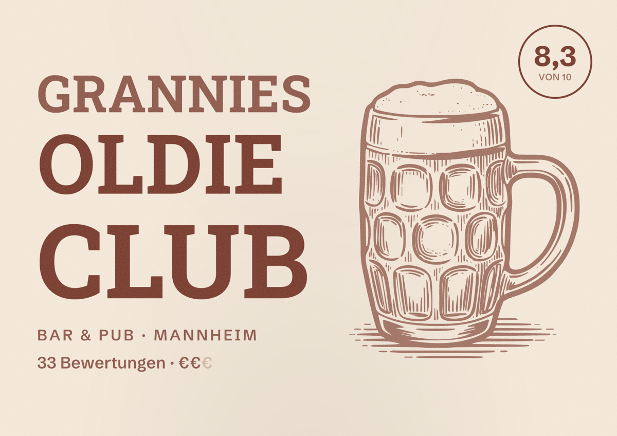 Illustriertes Poster von Grannies Oldie Club, Bar & Pub in Mannheim: Bewertung 8,3 von 10 aus 33 Bewertungen, Preisniveau €€