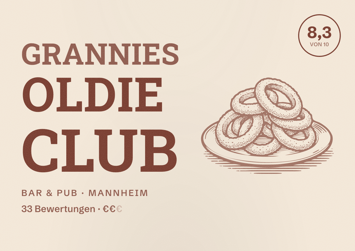 Illustriertes Poster von Grannies Oldie Club, Bar & Pub in Mannheim: Bewertung 8,3 von 10 aus 33 Bewertungen, Preisniveau €€