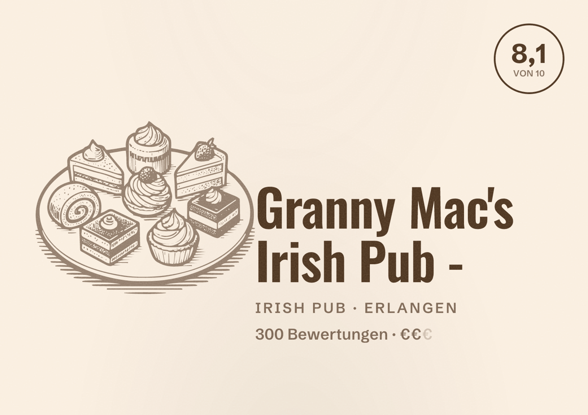 Illustriertes Poster von Granny Mac's Irish Pub -, Irish Pub in Erlangen: Bewertung 8,1 von 10 aus 300 Bewertungen, Preisniveau €€