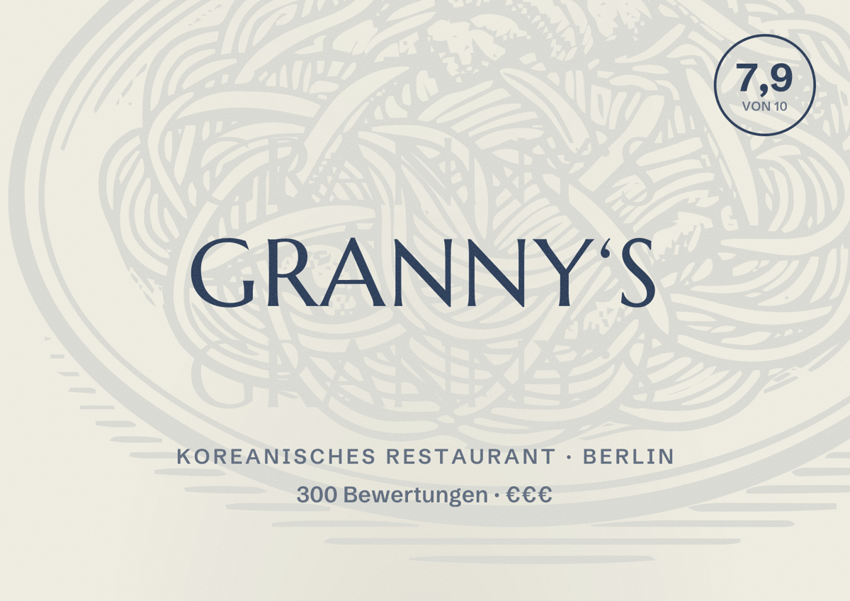 Illustriertes Poster von Granny‘s, Koreanisches Restaurant in Berlin: Bewertung 7,9 von 10 aus 300 Bewertungen, Preisniveau €€€