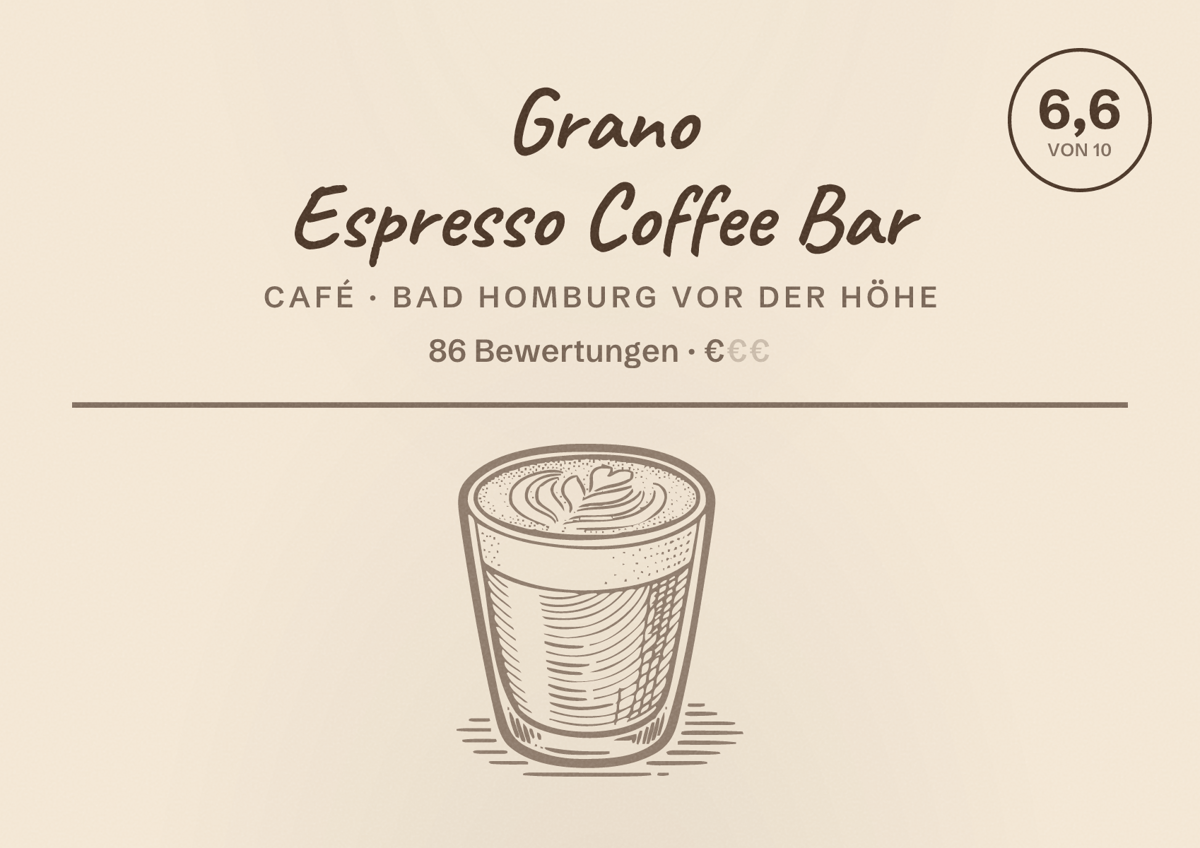 Illustriertes Poster von Grano Espresso Coffee Bar, Café in Bad Homburg vor der Höhe: Bewertung 6,6 von 10 aus 86 Bewertungen, Preisniveau €