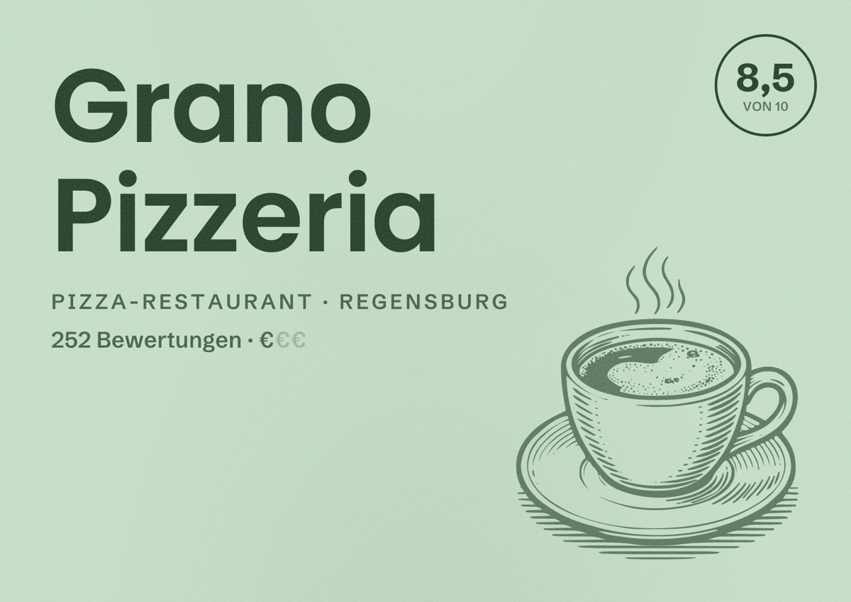 Illustriertes Poster von Grano Pizzeria, Pizza-Restaurant in Regensburg: Bewertung 8,5 von 10 aus 252 Bewertungen, Preisniveau €