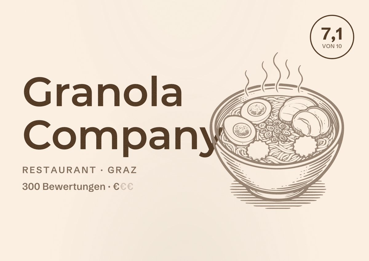 Illustriertes Poster von Granola Company, Restaurant in Graz: Bewertung 7,1 von 10 aus 300 Bewertungen, Preisniveau €