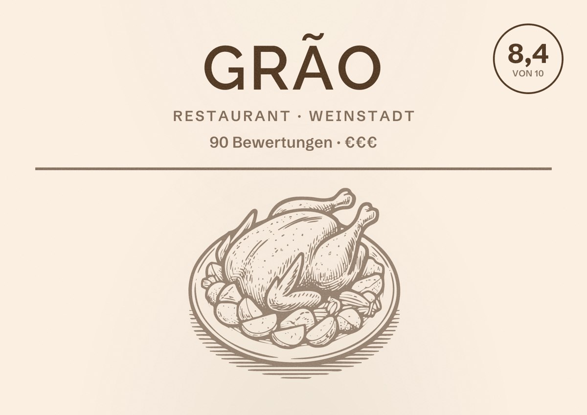 Illustriertes Poster von Grão, Restaurant in Weinstadt: Bewertung 8,4 von 10 aus 90 Bewertungen, Preisniveau €€€