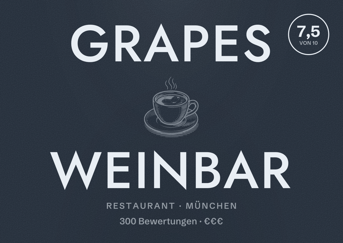 Illustriertes Poster von GRAPES Weinbar, Restaurant in München: Bewertung 7,5 von 10 aus 300 Bewertungen, Preisniveau €€€