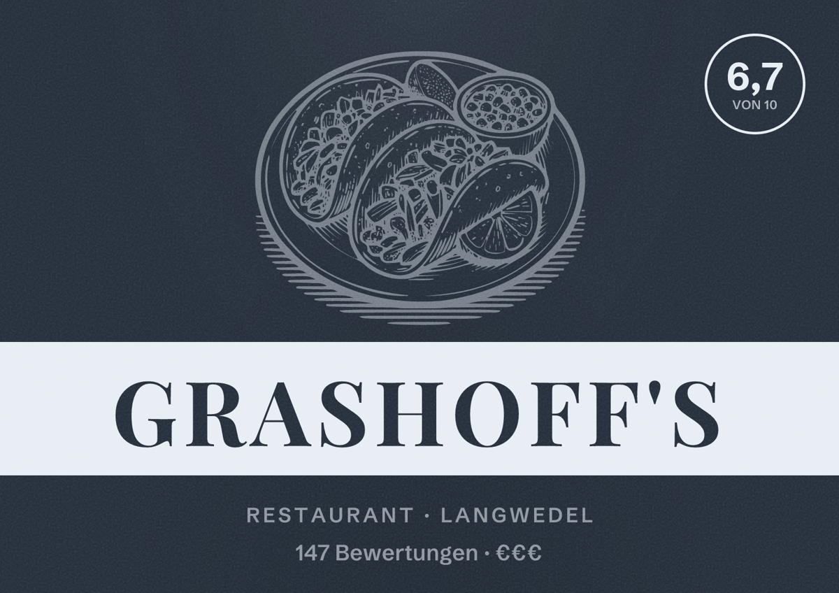 Illustriertes Poster von Grashoff's, Restaurant in Langwedel: Bewertung 6,7 von 10 aus 147 Bewertungen, Preisniveau €€€