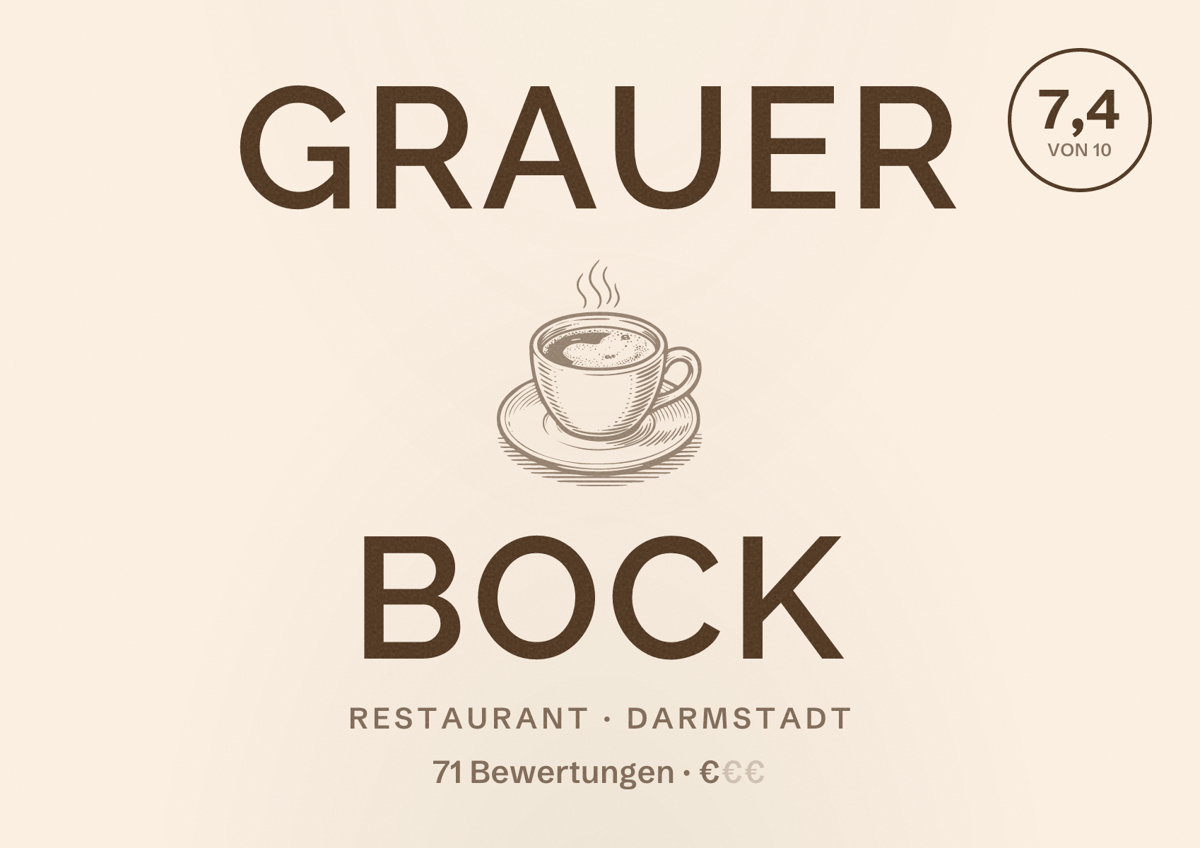 Illustriertes Poster von Grauer Bock, Restaurant in Darmstadt: Bewertung 7,4 von 10 aus 71 Bewertungen, Preisniveau €