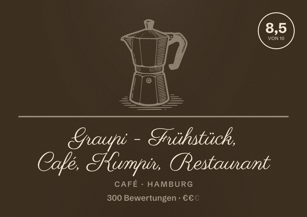 Illustriertes Poster von Graupi - Frühstück, Café, Kumpir, Restaurant, Café in Hamburg: Bewertung 8,5 von 10 aus 300 Bewertungen, Preisniveau €€