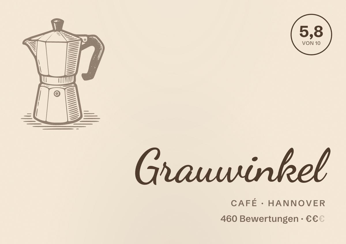 Illustriertes Poster von Grauwinkel, Café in Hannover: Bewertung 5,8 von 10 aus 460 Bewertungen, Preisniveau €€