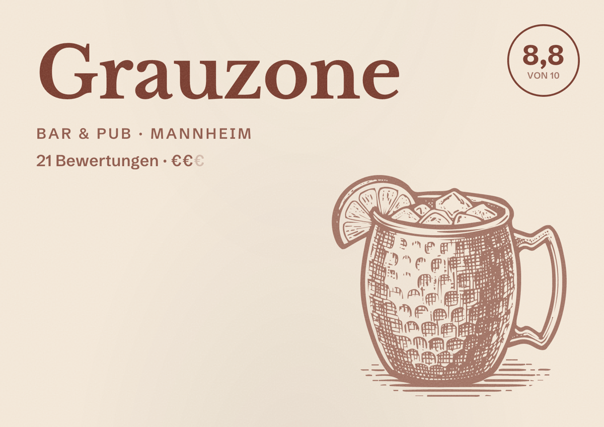 Illustriertes Poster von Grauzone, Bar & Pub in Mannheim: Bewertung 8,8 von 10 aus 21 Bewertungen, Preisniveau €€