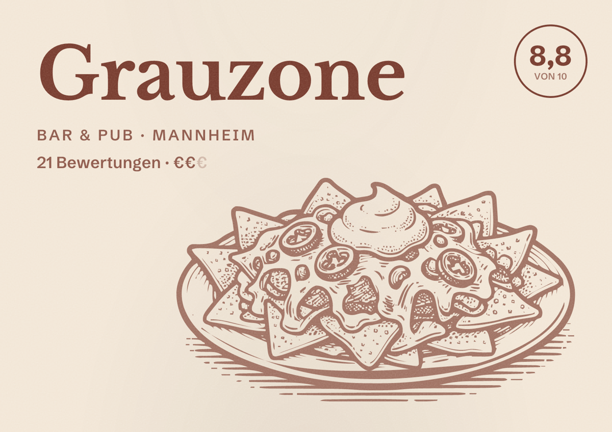 Illustriertes Poster von Grauzone, Bar & Pub in Mannheim: Bewertung 8,8 von 10 aus 21 Bewertungen, Preisniveau €€
