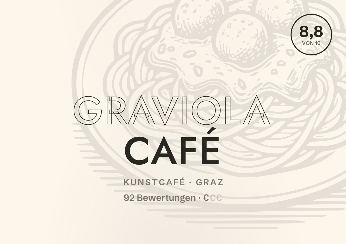 Illustriertes Poster von Graviola Café, Kunstcafé in Graz: Bewertung 8,8 von 10 aus 92 Bewertungen, Preisniveau €