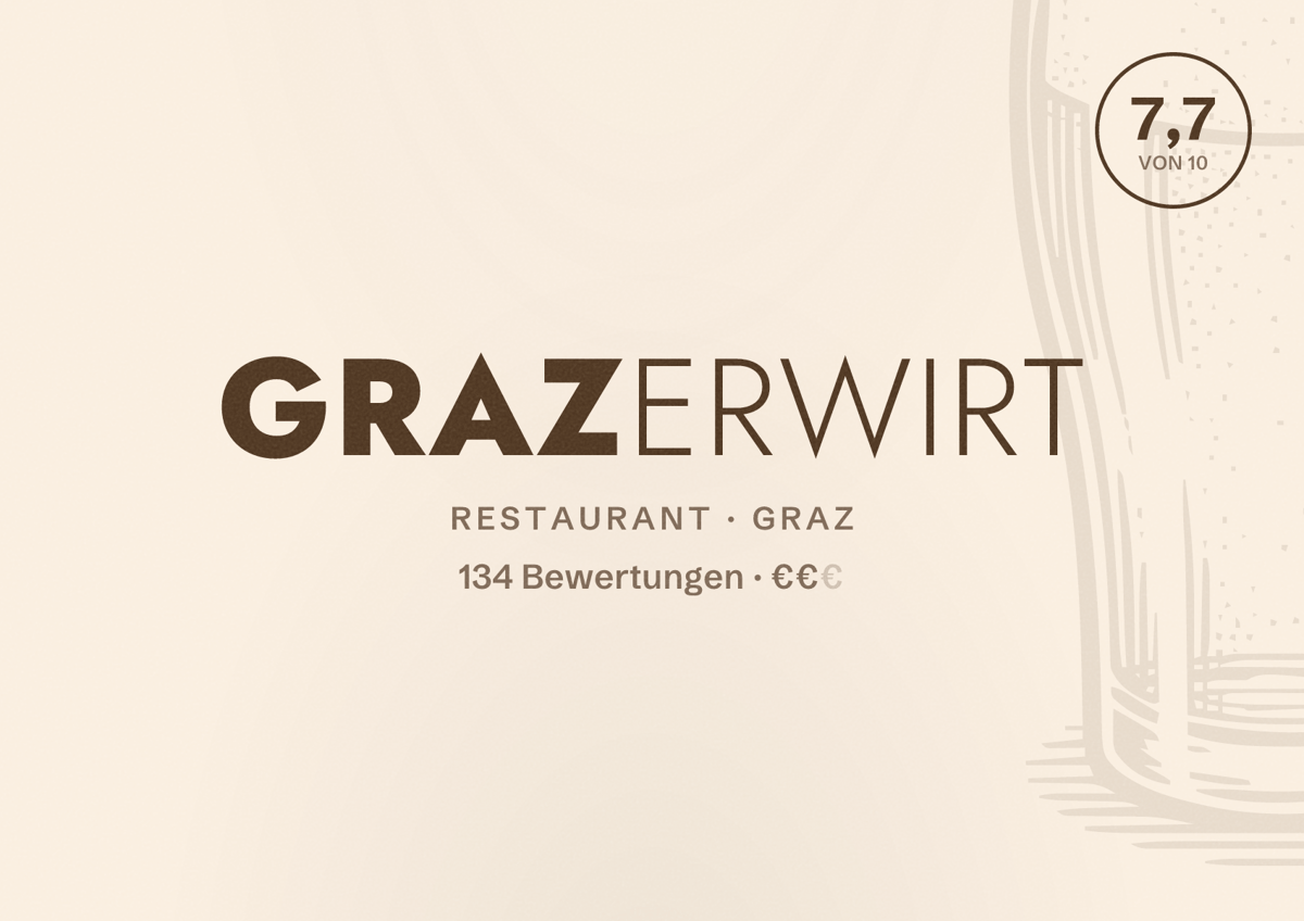 Illustriertes Poster von Grazerwirt, Restaurant in Graz: Bewertung 7,7 von 10 aus 134 Bewertungen, Preisniveau €€