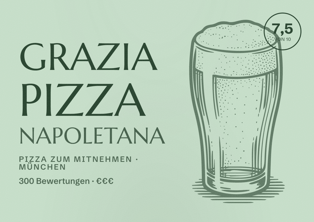 Illustriertes Poster von Grazia Pizza Napoletana, Pizza zum Mitnehmen in München: Bewertung 7,5 von 10 aus 300 Bewertungen, Preisniveau €€€