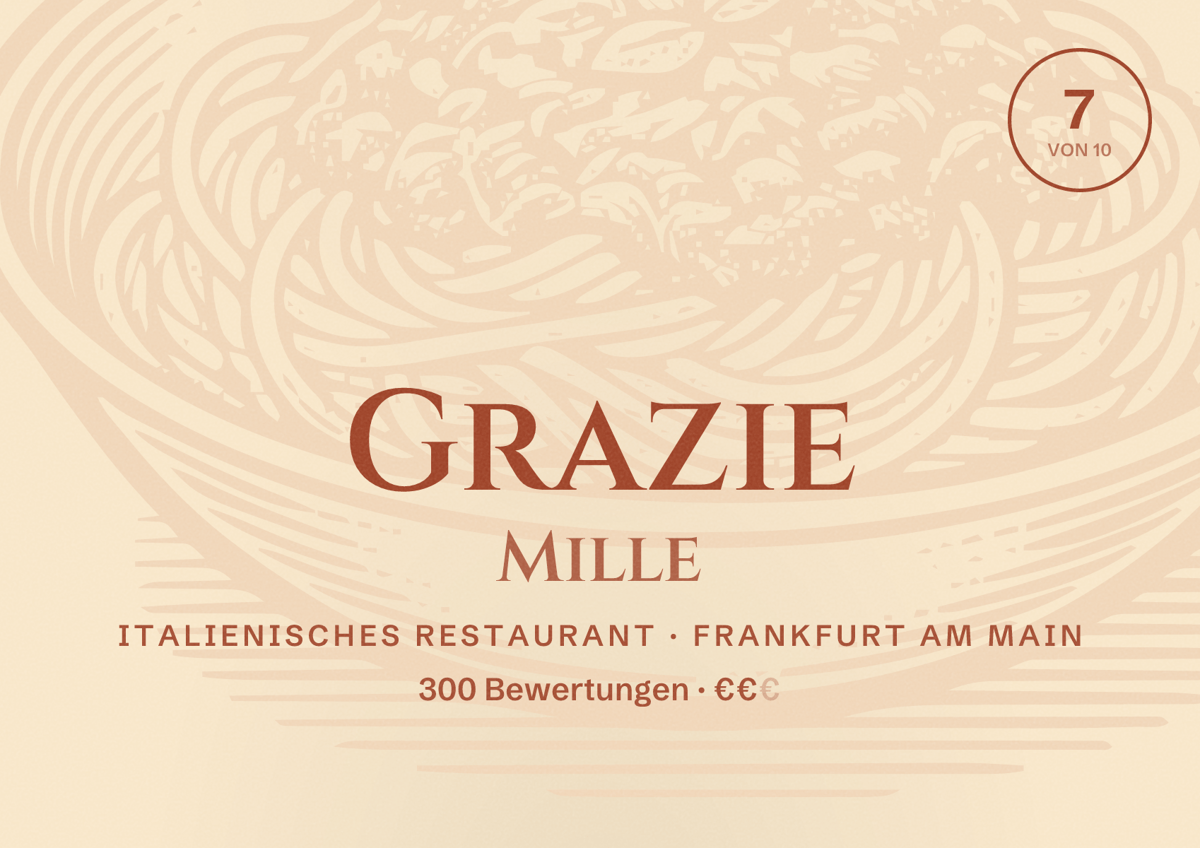 Illustriertes Poster von Grazie Mille, Italienisches Restaurant in Frankfurt am Main: Bewertung 7,0 von 10 aus 300 Bewertungen, Preisniveau €€