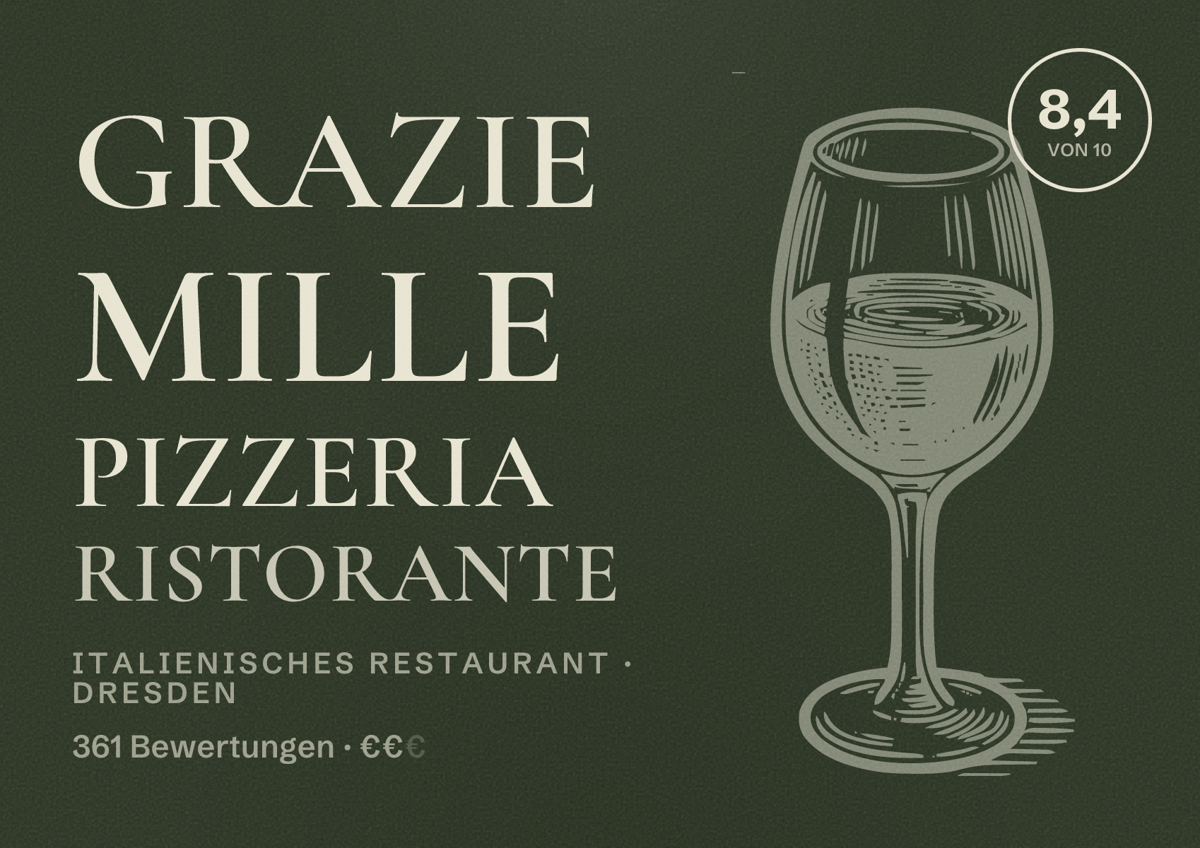 Illustriertes Poster von Grazie Mille Pizzeria Ristorante, Italienisches Restaurant in Dresden: Bewertung 8,4 von 10 aus 361 Bewertungen, Preisniveau €€