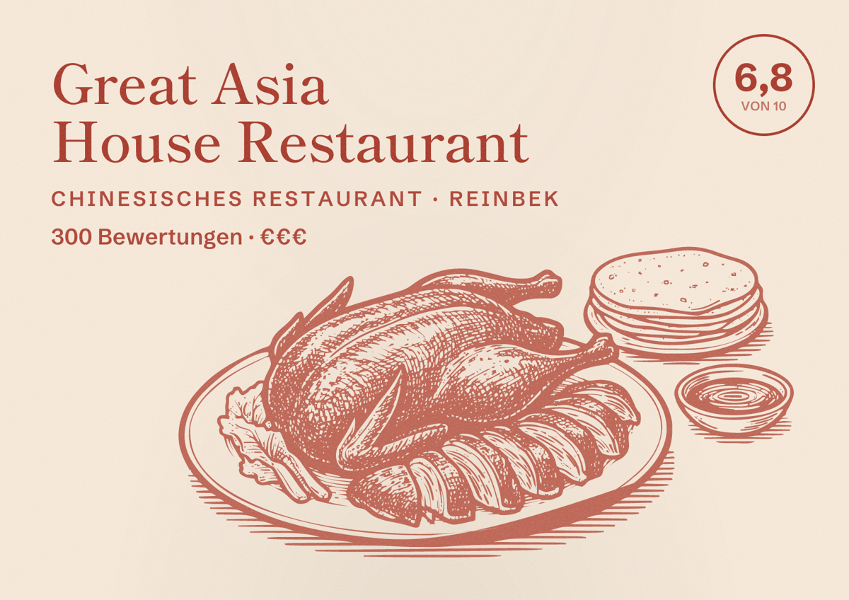 Illustriertes Poster von Great Asia House Restaurant, Chinesisches Restaurant in Reinbek: Bewertung 6,8 von 10 aus 300 Bewertungen, Preisniveau €€€