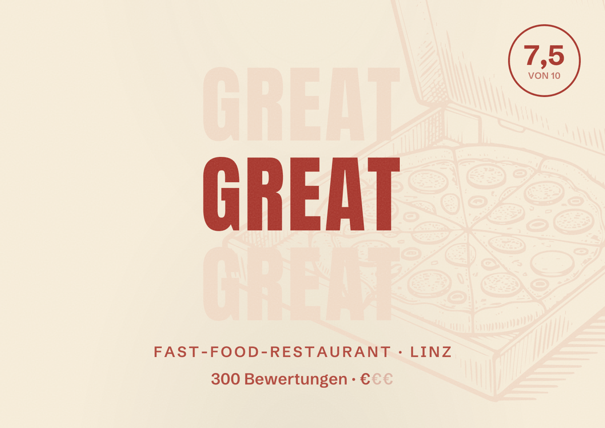 Illustriertes Poster von GReat, Fast-Food-Restaurant in Linz: Bewertung 7,5 von 10 aus 300 Bewertungen, Preisniveau €