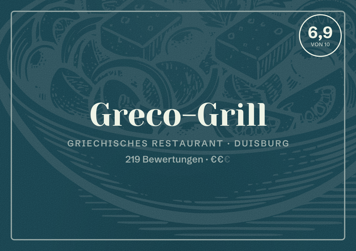 Illustriertes Poster von Greco-Grill, Griechisches Restaurant in Duisburg: Bewertung 6,9 von 10 aus 219 Bewertungen, Preisniveau €€