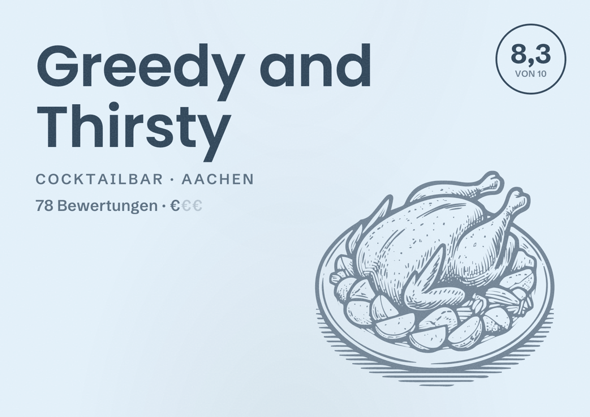 Illustriertes Poster von Greedy and Thirsty, Cocktailbar in Aachen: Bewertung 8,3 von 10 aus 78 Bewertungen, Preisniveau €