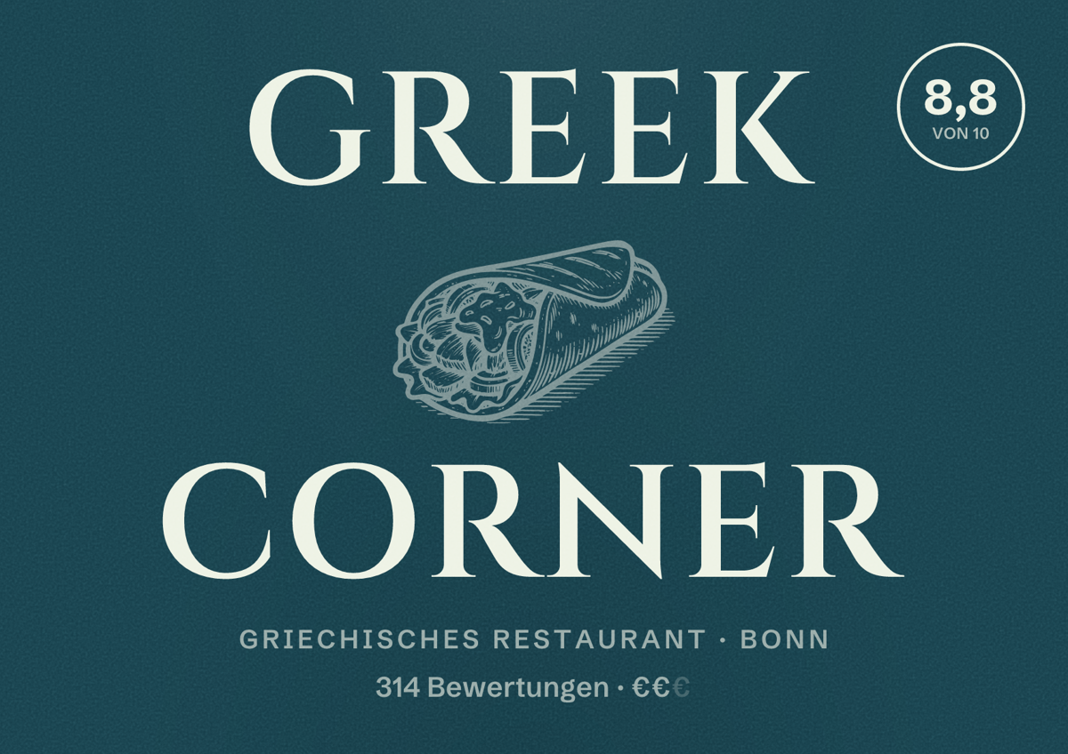 Illustriertes Poster von Greek Corner, Griechisches Restaurant in Bonn: Gästebewertung 8,8 von 10 aus 314 Bewertungen