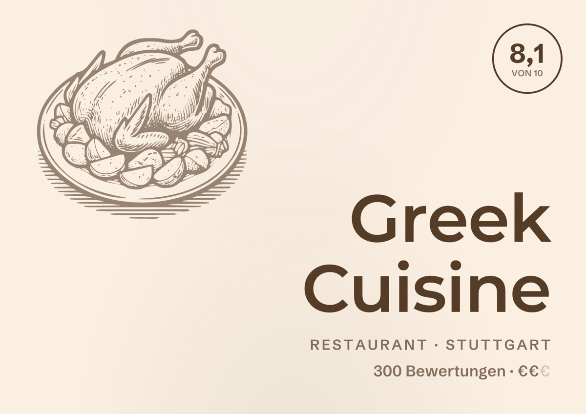Illustriertes Poster von Greek Cuisine, Restaurant in Stuttgart: Bewertung 8,1 von 10 aus 300 Bewertungen, Preisniveau €€