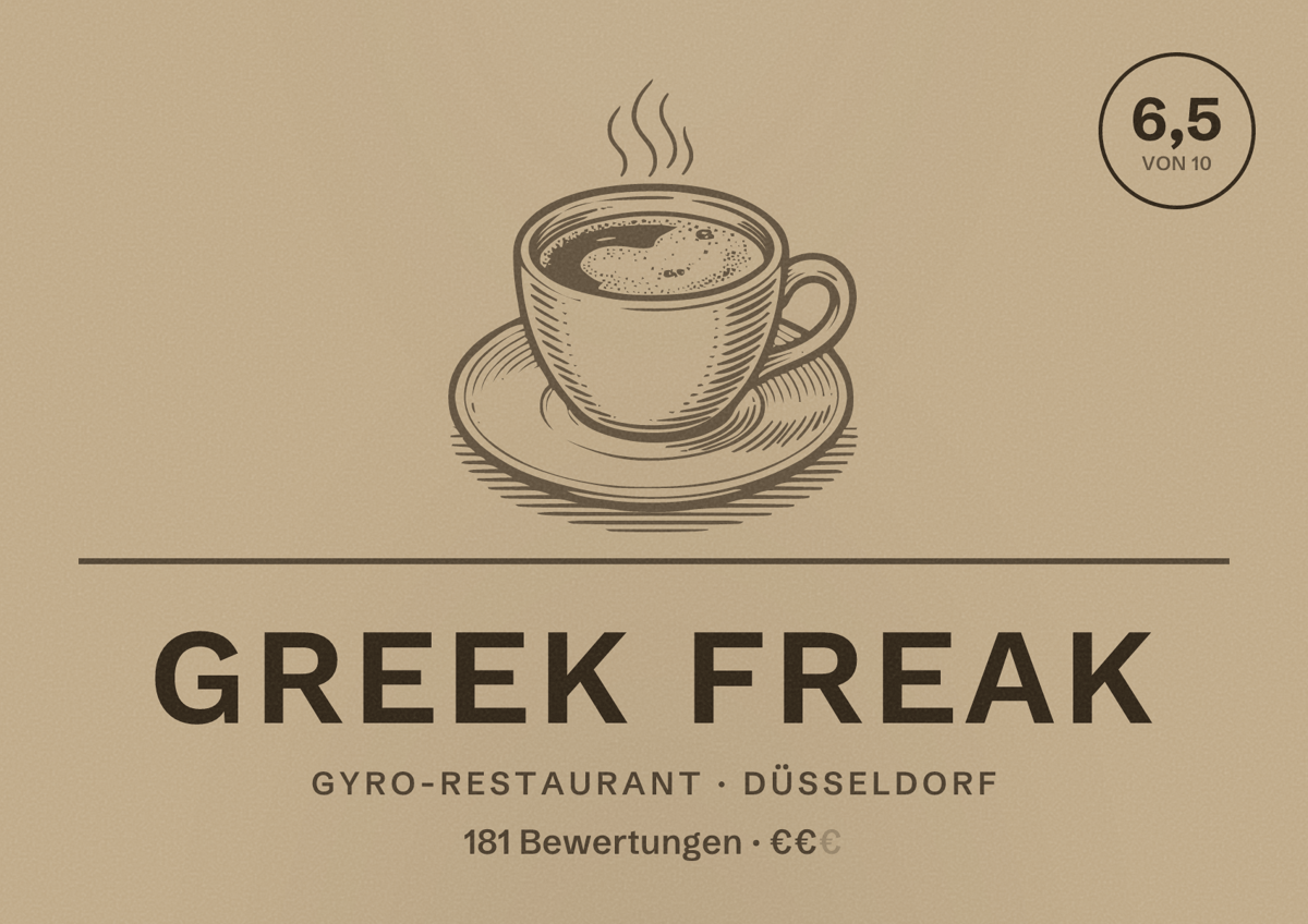 Illustriertes Poster von Greek Freak, Gyro-Restaurant in Düsseldorf: Bewertung 6,5 von 10 aus 181 Bewertungen, Preisniveau €€