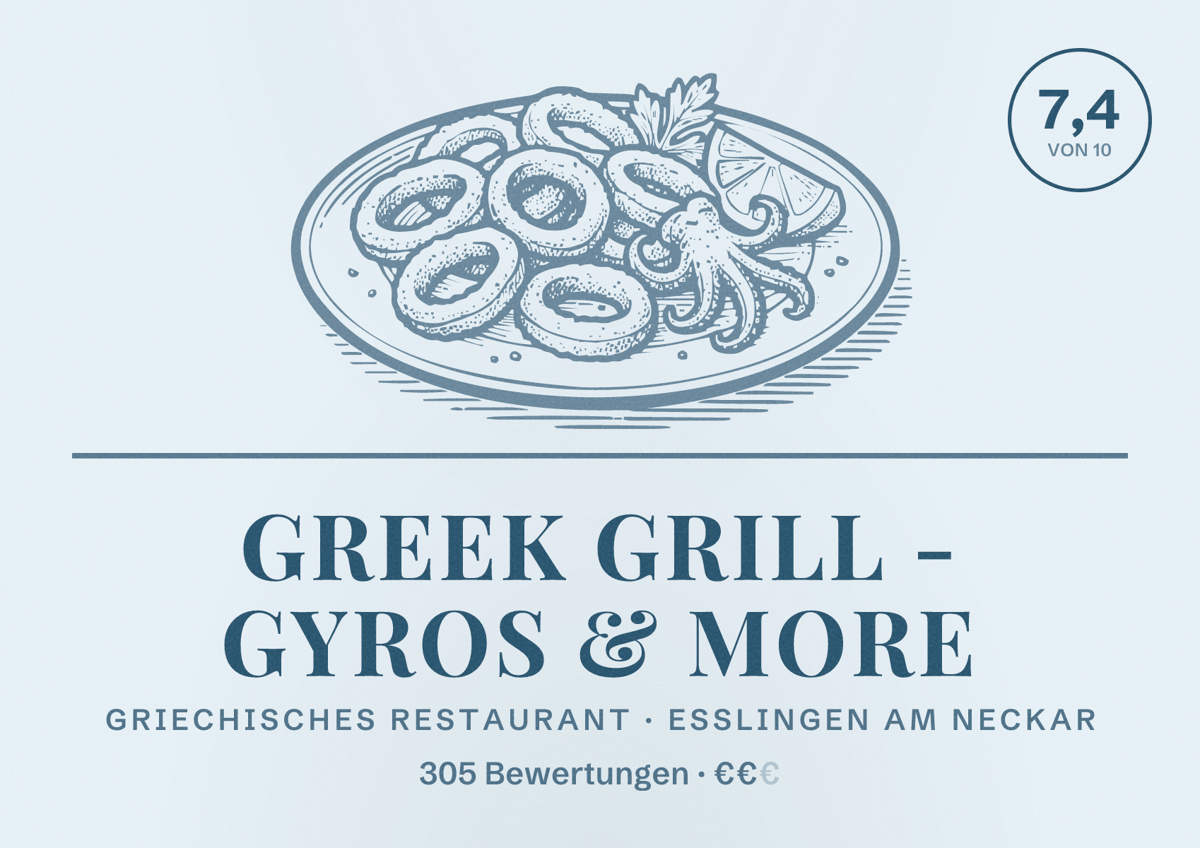 Illustriertes Poster von Greek Grill - Gyros & More, Griechisches Restaurant in Esslingen am Neckar: Bewertung 7,4 von 10 aus 305 Bewertungen, Preisniveau €€