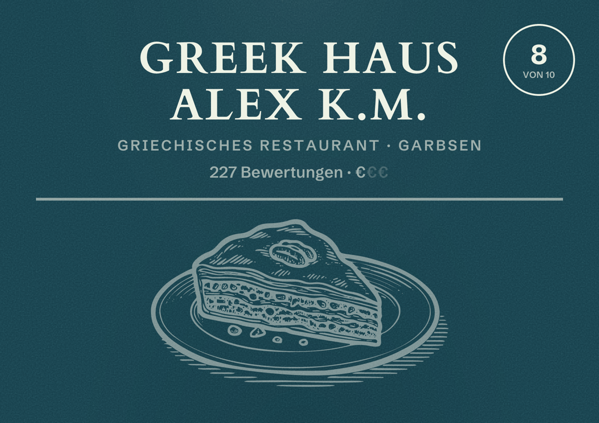 Illustriertes Poster von Greek Haus Alex K.M., Griechisches Restaurant in Garbsen: Bewertung 8 von 10 aus 227 Bewertungen, Preisniveau €
