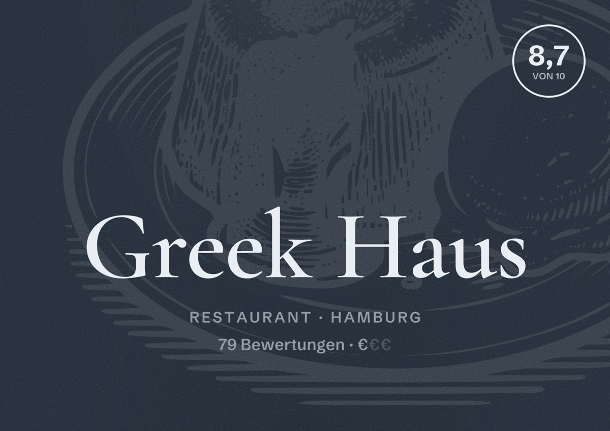 Illustriertes Poster von Greek Haus, Restaurant in Hamburg: Bewertung 8,7 von 10 aus 79 Bewertungen, Preisniveau €