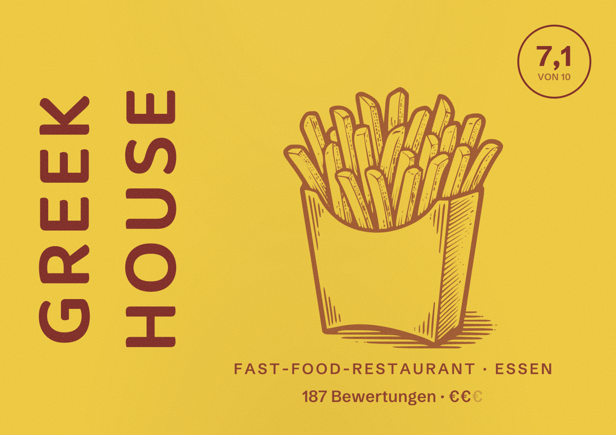 Illustriertes Poster von Greek house, Fast-Food-Restaurant in Essen: Bewertung 7,1 von 10 aus 187 Bewertungen, Preisniveau €€
