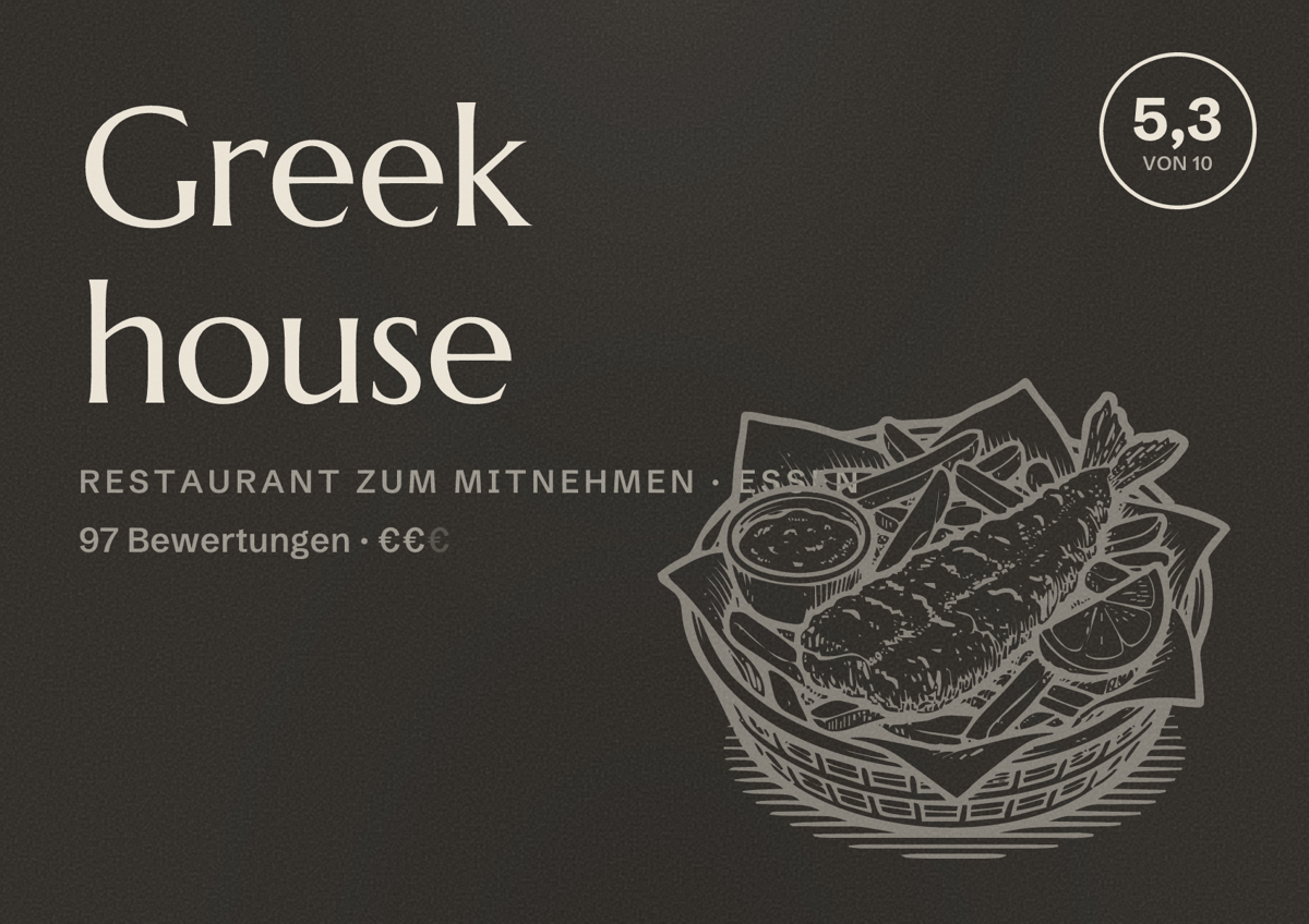 Illustriertes Poster von Greek house, Restaurant zum Mitnehmen in Essen: Bewertung 5,3 von 10 aus 97 Bewertungen, Preisniveau €€