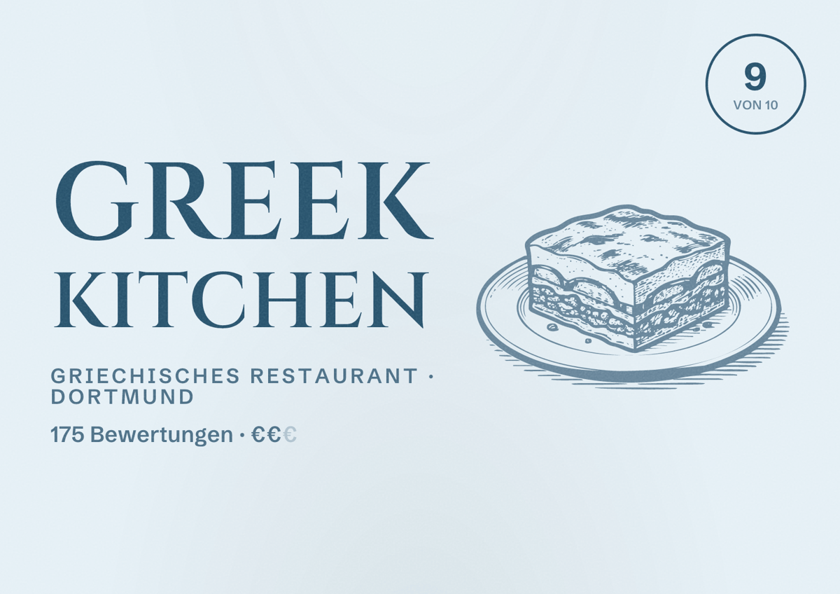 Illustriertes Poster von Greek Kitchen, Griechisches Restaurant in Dortmund: Bewertung 9 von 10 aus 175 Bewertungen, Preisniveau €€