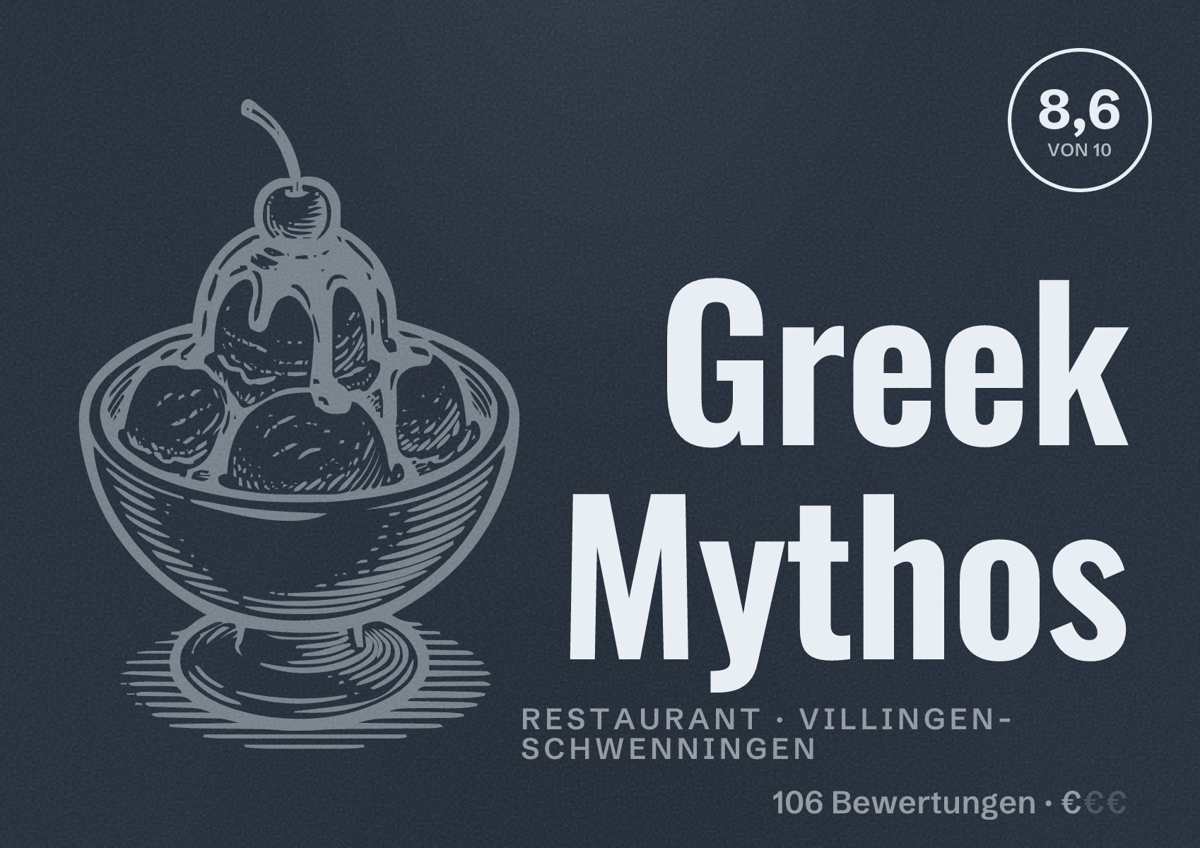 Illustriertes Poster von Greek Mythos, Restaurant in Villingen-Schwenningen: Bewertung 8,6 von 10 aus 106 Bewertungen, Preisniveau €