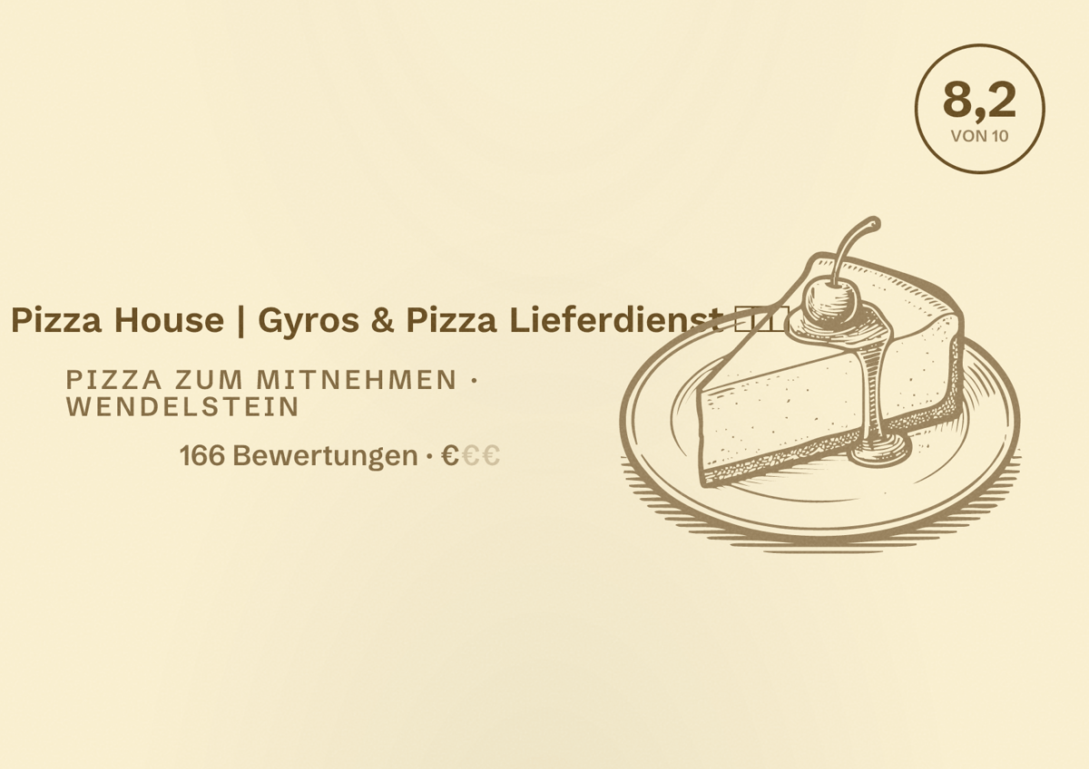Illustriertes Poster von Greek Pizza House | Gyros & Pizza Lieferdienst 🍕🇬🇷, Pizza zum Mitnehmen in Wendelstein: Bewertung 8,2 von 10 aus 166 Bewertungen, Preisniveau €